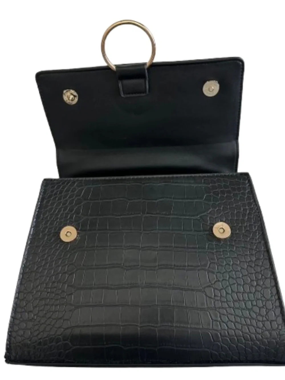 like dreams Small Black Croc-Embossed Top Handle Satchel with Gold Ring & Strap